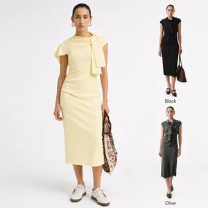URBAN REVIVO 2026 Summer Women's Chic Minimalist Basic Cotton Midi Dress - Round Neck, Short Sleeve, Ruched, Tie Waist, Neutrals Effortless Urban Casual Wear UWM760058