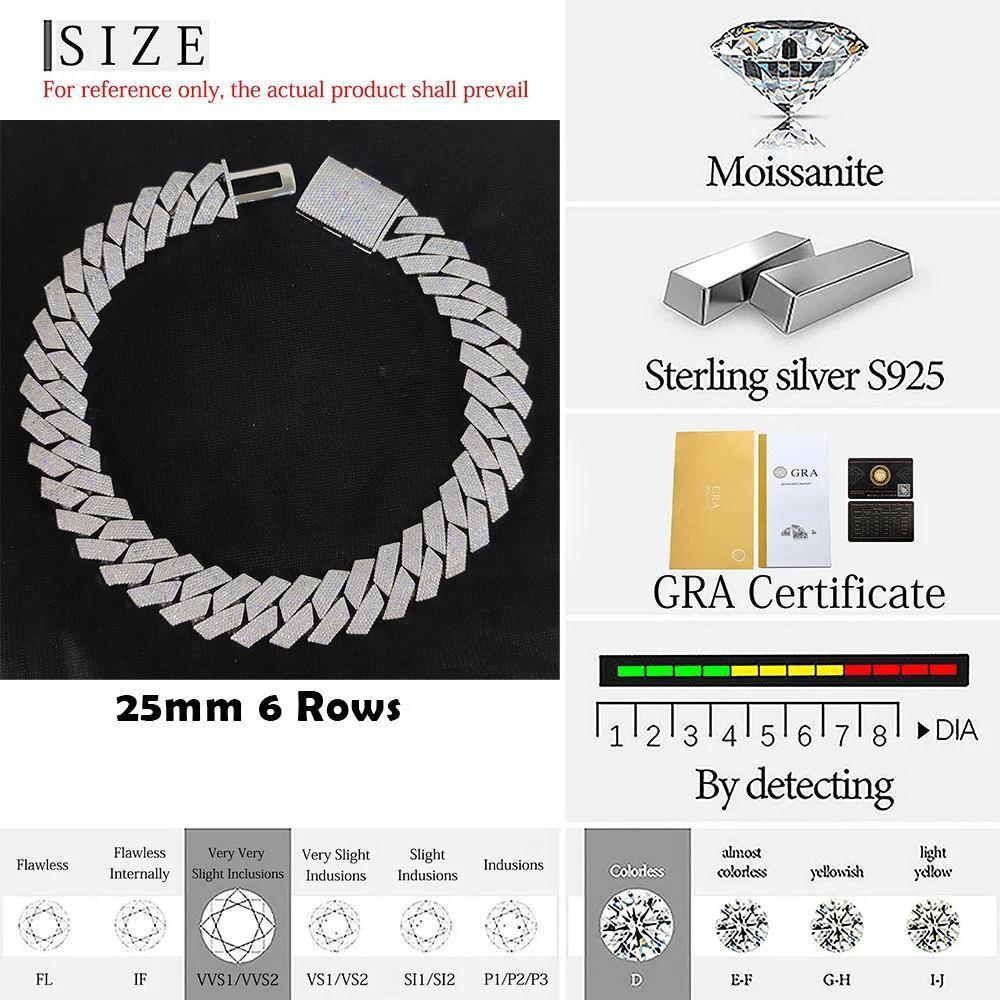 Pass Diamond Test GRA Moissanite 25mm Wide 6Rows 925 Solid Silver Cuban link chain for Rapper Hip Hop VVS Iced Out Necklace