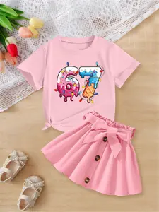 2pcs Girls' Casual Cute Crew Neck Short Sleeve T-shirt & Skirt Set, Number 67 Dessert & Fairy Light Print, Summer Fashion Sweet Outfits