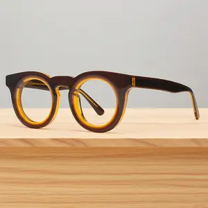 FYTOO Retro Two-Tone Round Glasses | Fashion Acetate Frame & Face Slimming | Unisex All-Day Comfort | Versatile for Any Outfit | Must-Have for Trendsetters FT1564-26
