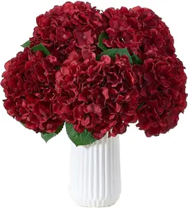 8Pcs Burgundy Fake Flowers Silk Hydrangea Artificial Flowers Bouquets Faux Hydrangea Stems for Home Table Centerpieces Wedding Decoration