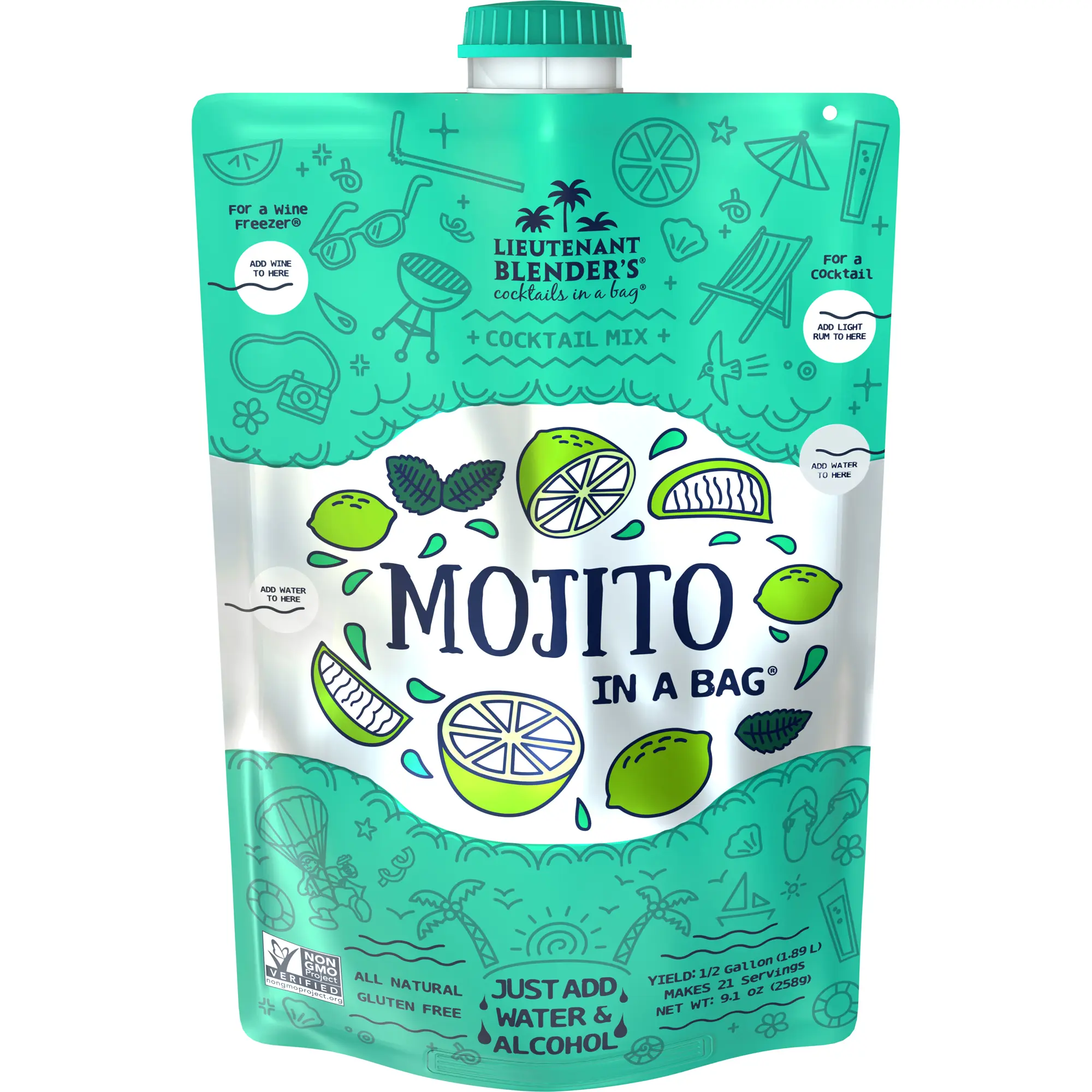 Lt. Blender's Mojito in a Bag Cocktail Mocktail Slushie Mix - Real Lime Non-GMO Gluten Free Mix for 16 4oz Servings