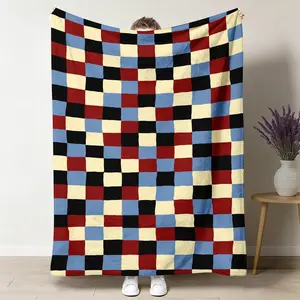 Retro Checkered Throw Blanket, Red Blue Black Plaid Flannel Blanket, Soft Cozy Warm Throw, Aesthetic Grid Design, Vintage Americana Gift for Her Him, Cozy Couch Bedroom Living Room Dorm Decor