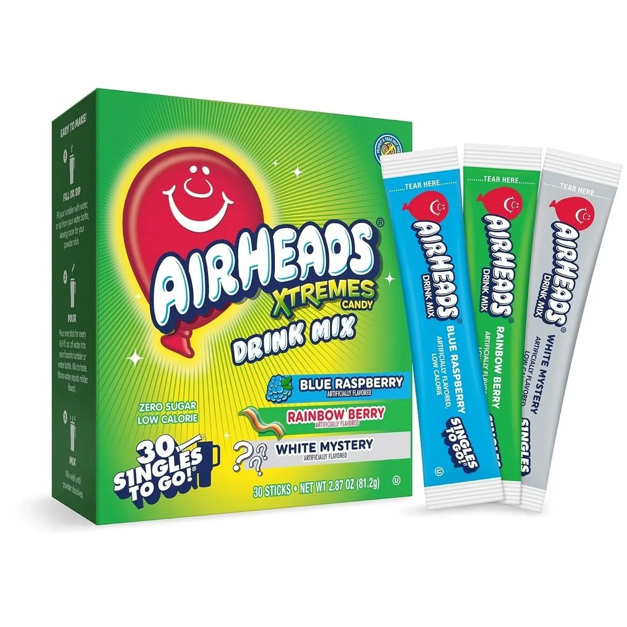 Airheads Xtreme Singles To Go! Drink Mix 30ct Variety Pack, Zero Sugar, Low Calorie, Sweet & Sour Powder Drink Mix Packets, Blue Raspberry, Rainbow Berry, White Mystery, 30 Count