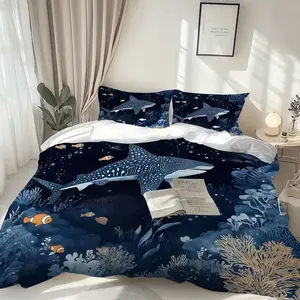 3pcs Deep Blue Bedding Set, Underwater World and Shark Design, Easy Maintenance, Wrinkle Resistant, Soft and Comfortable