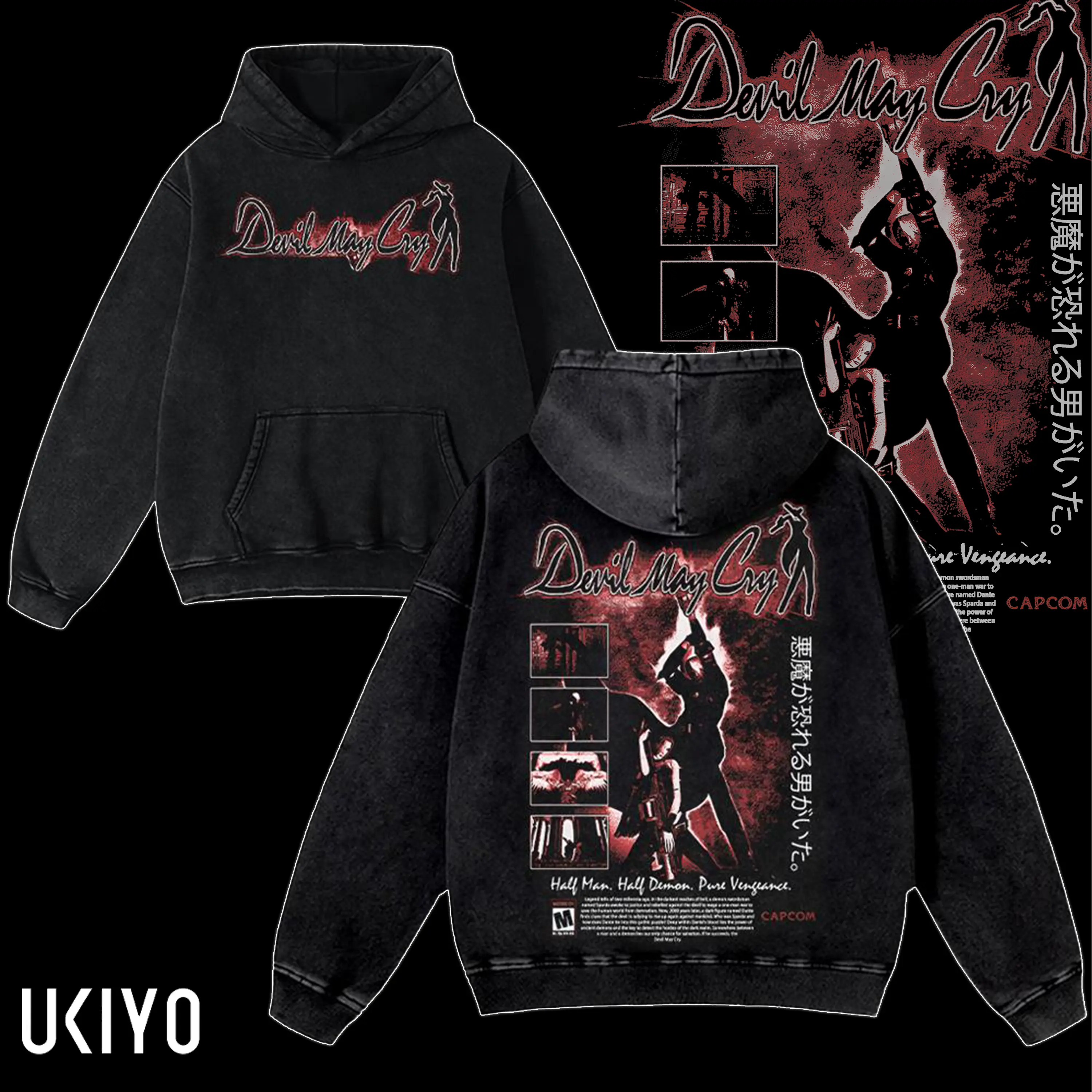 Devil May Cry Dante Hoodie Sweatshirt T-Shirt Vintage Washed Heavyweight Fleece Graphic Sweatshirt Anime Game Printed Oversized Pullover Gamer Apparel Gift