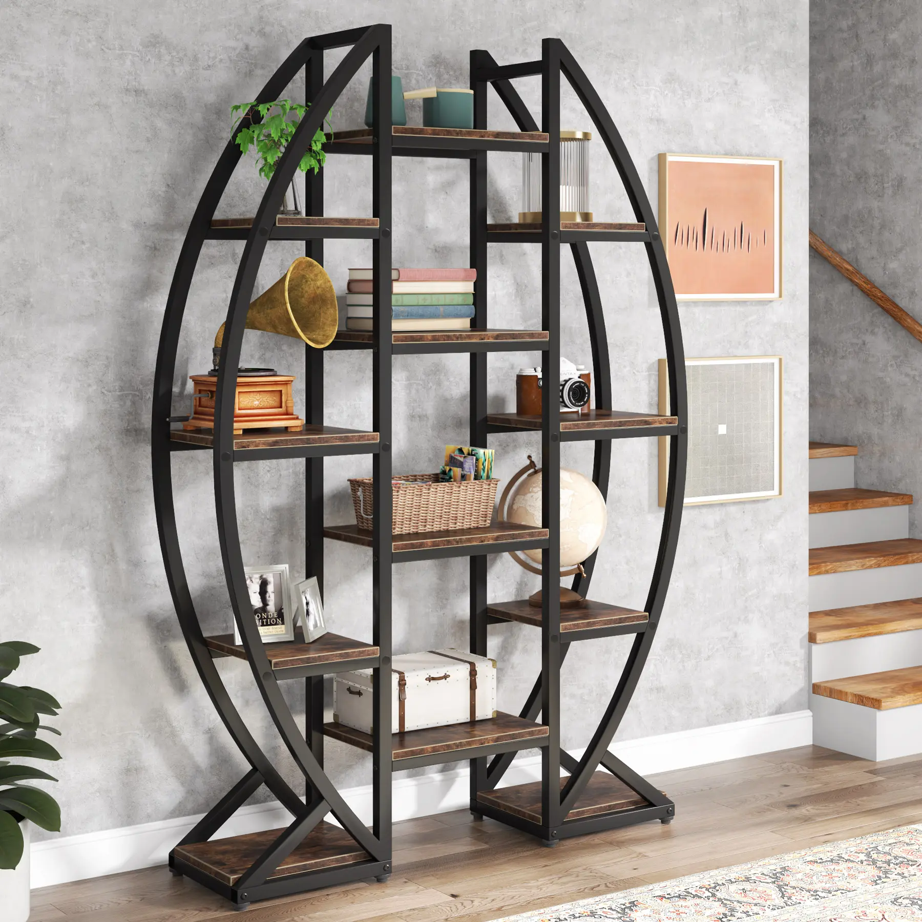 LITTLE TREE Oval Bookshelf, Triple Wide 5 Tier Etagere Bookcase, Industrial Display Shelves for Living Room