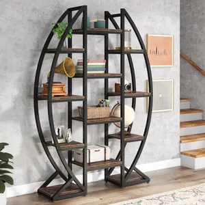 LITTLE TREE Oval Bookshelf, Triple Wide 5 Tier Etagere Bookcase, Industrial Display Shelves for Living Room