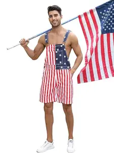 Memorial Day Men's Flag Romper - Size Large Patriotic Jean Overalls & Jumpsuit - Bro Summer Style