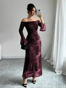 Women's Off-Shoulder Flare Sleeve Tie-Dye Fashion Mesh Print Pleated Tailored Dress, Stylish Summer Casual Wear