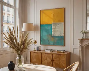 Abstract Geometric Print Wall Art, Mustard Yellow Teal Blue, Modern Color Block Decor