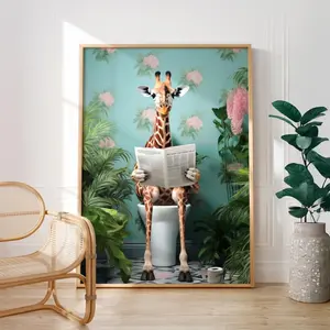 Funny Giraffe on Toilet Poster: Tropical & Botanical Bathroom Wall Art