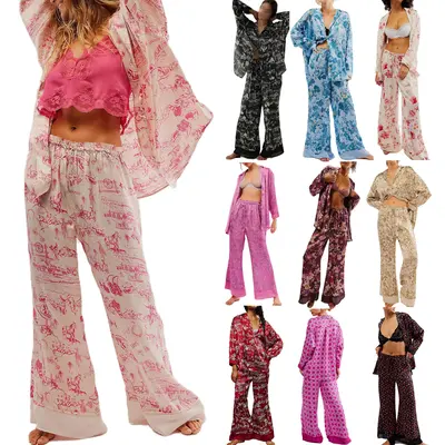 SWOMOG Women's 3-Piece Satin Pajama Set - Short Sleeve Button Down Top, Shorts & Long Pants Loungewear (Red, Small)