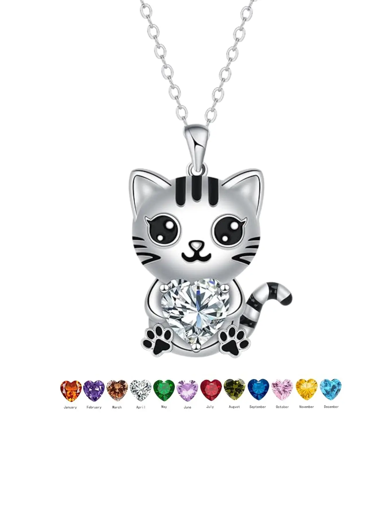Cute Cat Birthstone Trendy Necklace for Women, Heart Crystal Cat Pendant Necklace, 12 Color Gem Options, Cute Kitty Jewelry Gift for Girlfriend Wife Daughter Best Friend, Pendants Necklaces