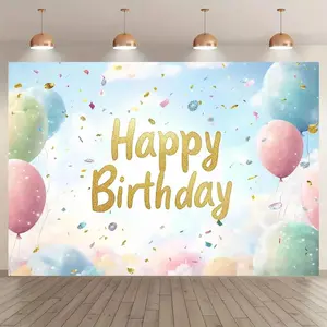 Colorful Balloon Pattern Happy Birthday Banner, Birthday Party Decoration Backdrop, Indoor & Outdoor Cake Table Background Decoration, Ornaments
