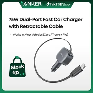 Anker USB-C Car Charger, 75W Max Fast Charging, Sleek and Compact Design with Retractable Cable, for iPhone 17 / 16 / 15 Series, Samsung S24 / S23, MacBook, and More