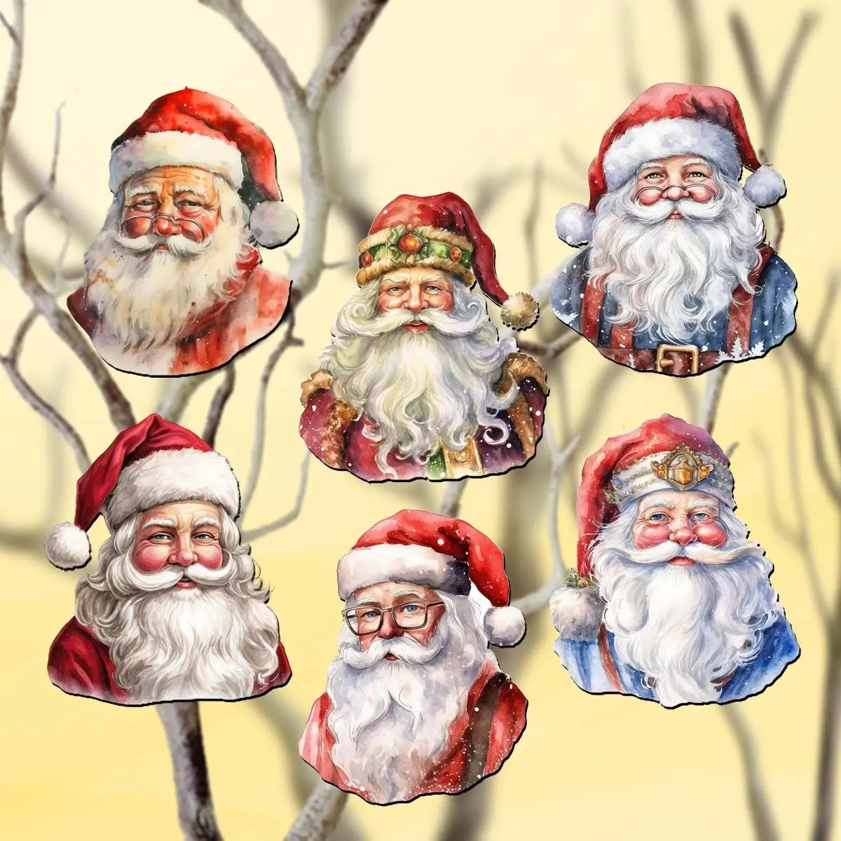 2 x 2 x 0.25 in. Santa Faces Decorative Wooden Clip-on Ornaments Christmas Decor, Set of 6