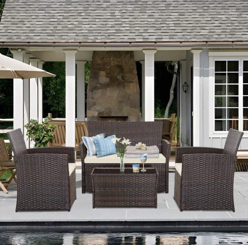 4 Piece Outdoor Patio Furniture Sets Wicker Sectional Conversation Sofa Set Rattan Table Chairs Loveseat With Cushions For Outside Balcony Porch Backyard