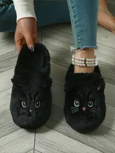 Women's Cat Pattern Plush Fuzzy House Slippers, Fall & Winter Home Warmth, Indoor Non-Slip Shoes, Casual Textile Upper, Rubber Sole, Medium Width