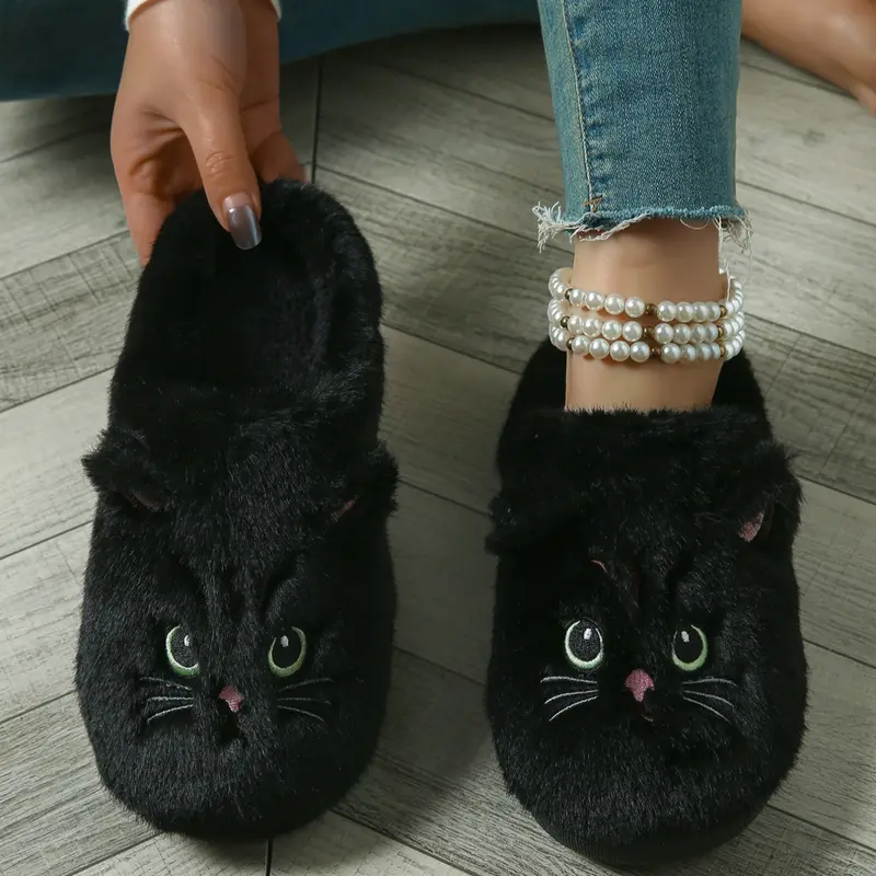 Women's Cartoon Animal Embroidered Plush Slippers, Home Slippers, Fall Winter Indoor Warm Anti-Slip, Unisex Casual Textile Rubber Sole