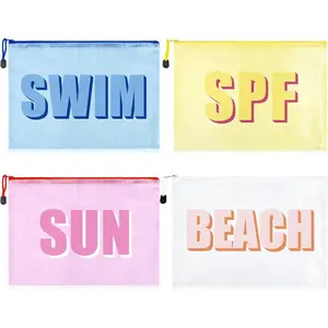4PCS Beach Makeup Bags SPF Cosmetic Bags for Women Girls Summer Varsity Zipper Pouch Clear Waterproof Beach Toiletry Organizer Trendy PVC Makeup Bag for Travel Sandproof Essential