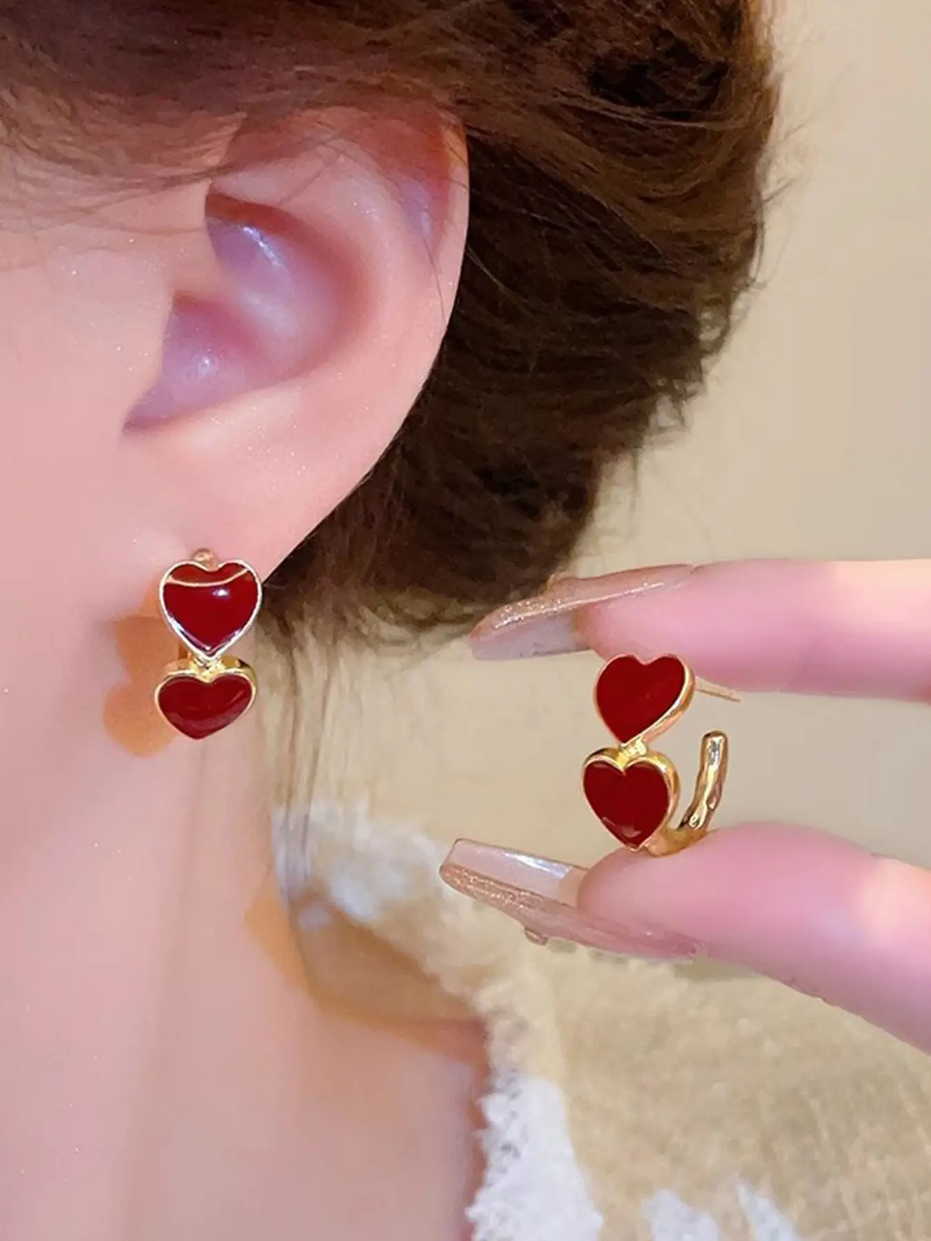 Maroon Double Heart French Retro Earrings, Unique Design with High-End Hong Kong Style, Vintage Love Heart Accent Jewelry