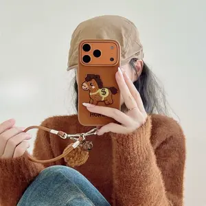 Embroidery Money Pony Soft Case For iPhone 17 16 15 14 13 Pro Max with Wrist Strap and Fluffy Ball