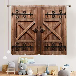 Rustic Two-Piece Wooden Barn Door Curtains, Farmhouse Style Drapes for Living Room & Bedroom, Western Design Garages Ideal for Kitchens, Window Curtain