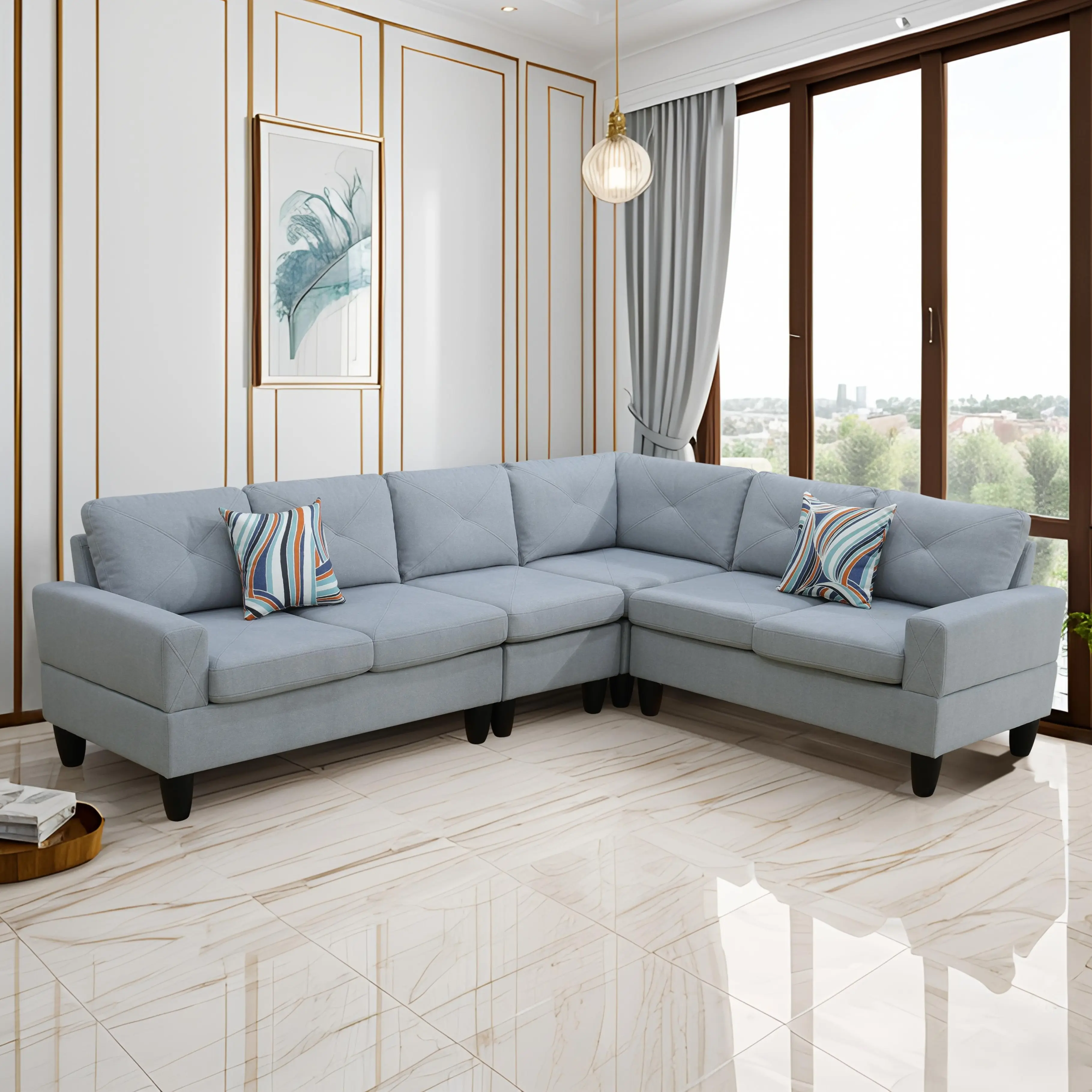 Contemporary Upholstered Grey Calico Cotton 4-Piece Sturdy Fabric Comfy Sofa Couch Set - Cozy Living Room Furniture for Apartments