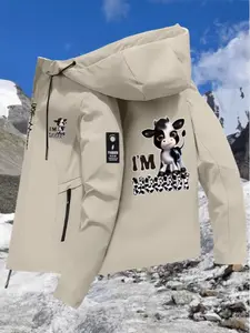 New Couple Windbreaker Jacket with Cow Print, All-Weather Outdoor Hiking Coat, Fitted Casual Outerwear for Men and Women