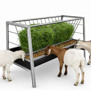59in Pasture Hay Feeder Stainless Steel, 77 Gallon Total 2 in 1 Livestock Feeder with Hay Rack and Feed Pan, Ease of Assembly, Rubber material for the feed trough,Outdoor Feed Trough for Goats and Sheep and Horse