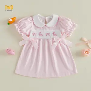 Toddler Little Baby Girl Easter Outfit Bunny Embroidery Dress Short Sleeve Smocked Easter Dresses For Girls