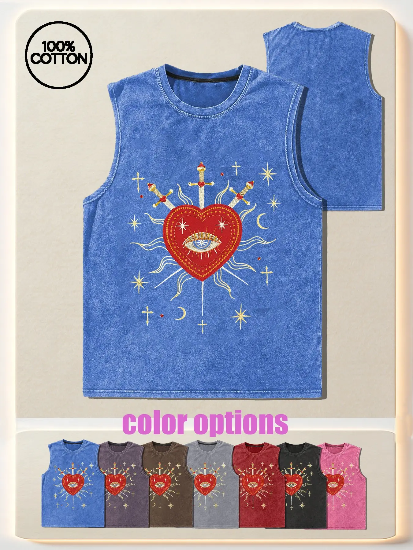 Multicolor Options 100% Pure Cotton Washed Embroidered Graphic Saint Heart Eye Embroidery Oversized Vest, American Vintage Sleeveless Top, Street Style Summer