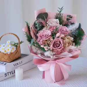 Flowers for Delivery Preserved Pink Rose Bouquet with Vase Lasts 3-5 Years Real Forever Gift for Mom Birthday Thanksgiving Christmas Women Grandma Wife Friends Her