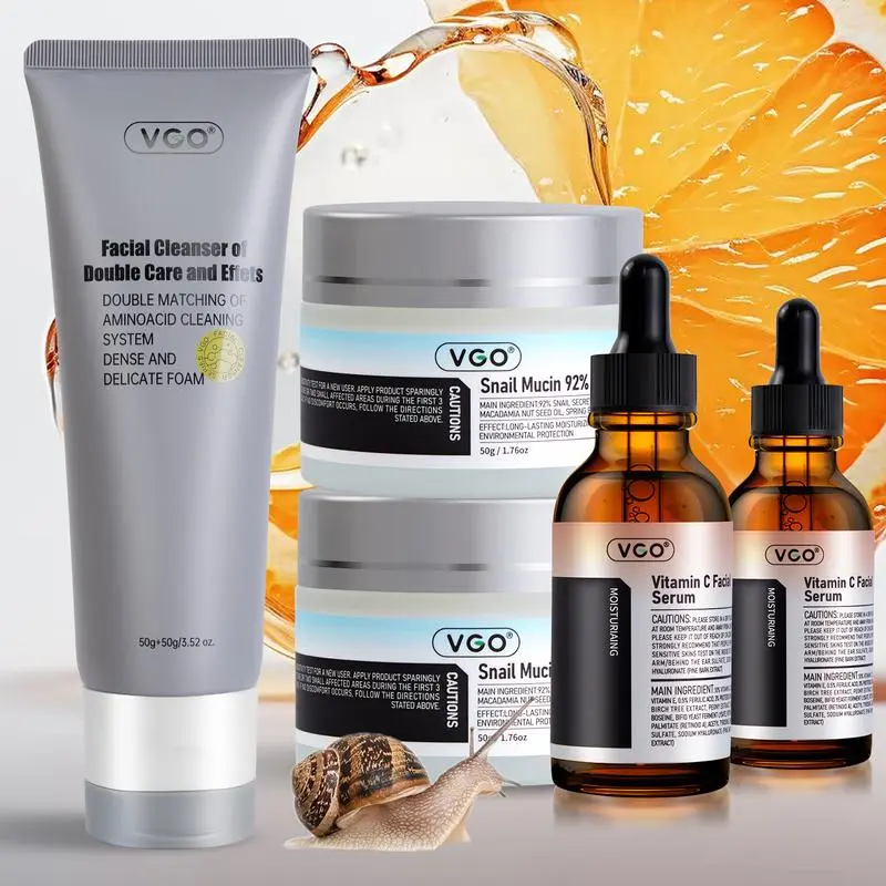 VGO Skin Care Set, with Snail Mucin 92% Moisturizer 1.76 Oz, Vitamin C Serum 1.01 Oz & Dual-Tube Facial Cleanser 3.52 Oz, 3 Step Facial Skin Care Kit Moisturizer Radiance Hydrate Moisture Hydrating Skincare Kit skin renewal ordinary skin care