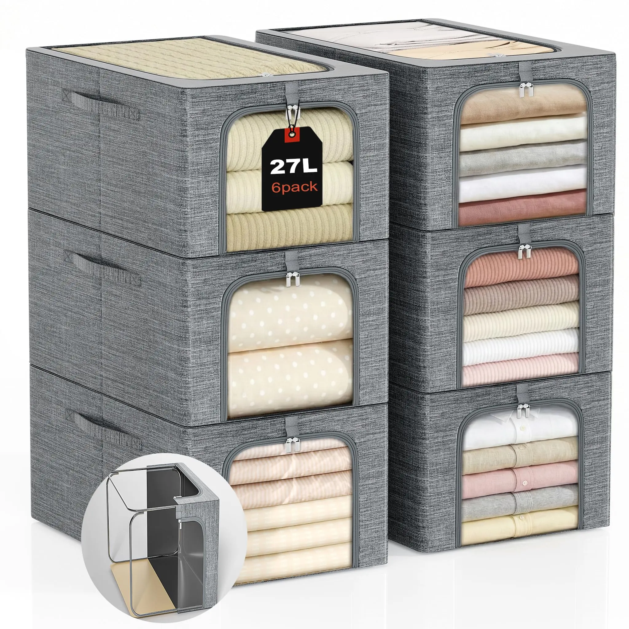 GoMaihe Clothes Storage Bins with Metal Frame, Collapisble Storage Bins, Laundry Basket, Stackable Closet Organizer with Lid & Clear Window, Space-Saving Storage for Sweaters, Kids’ Clothes, Dorms & Closets