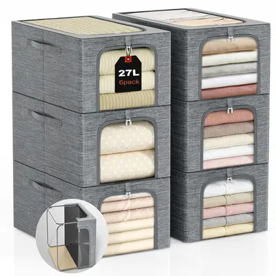 GoMaihe Clothes Storage Bins with Metal Frame, Laundry Basket, Stackable Closet Organizer with Lid & Clear Window, Space-Saving Storage for Sweaters, Kids’ Clothes, Dorms & Closets
