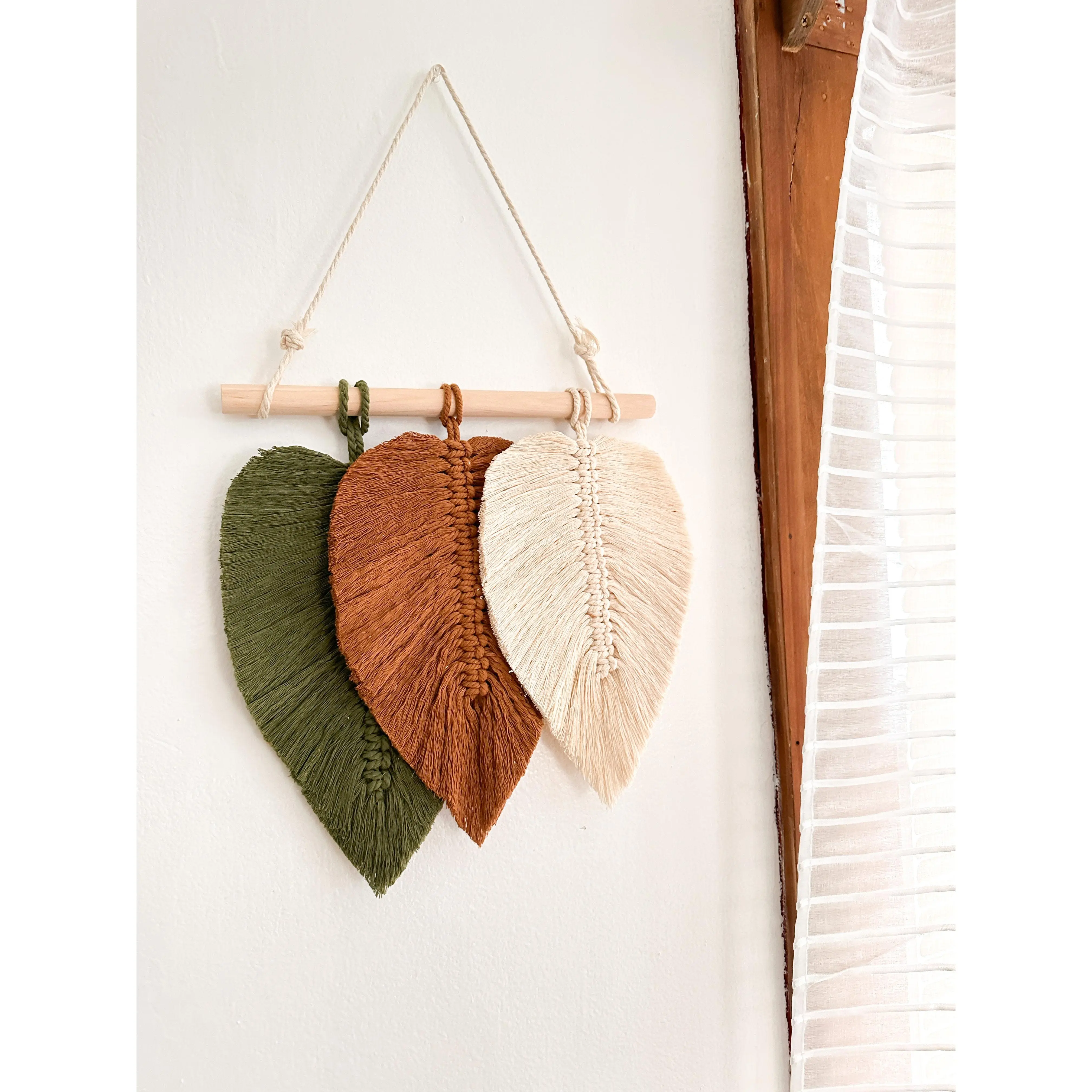 Multicolor Cotton Rope Macramé Feather Shape Ornament - 21x12cm Hangable Home Decor, Wall Decor Bedroom, Boho Charm Room Divider
