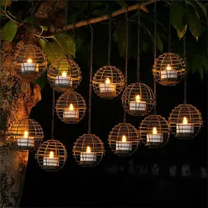 Large Solar Lights Outdoor  Lanterns 12 Pack, Rustic Iron 4.3" Ball Solar  Lights with Flickering Flame Candle,   Lights for Backyard Patio Garden Fence Tree Pergola Decor