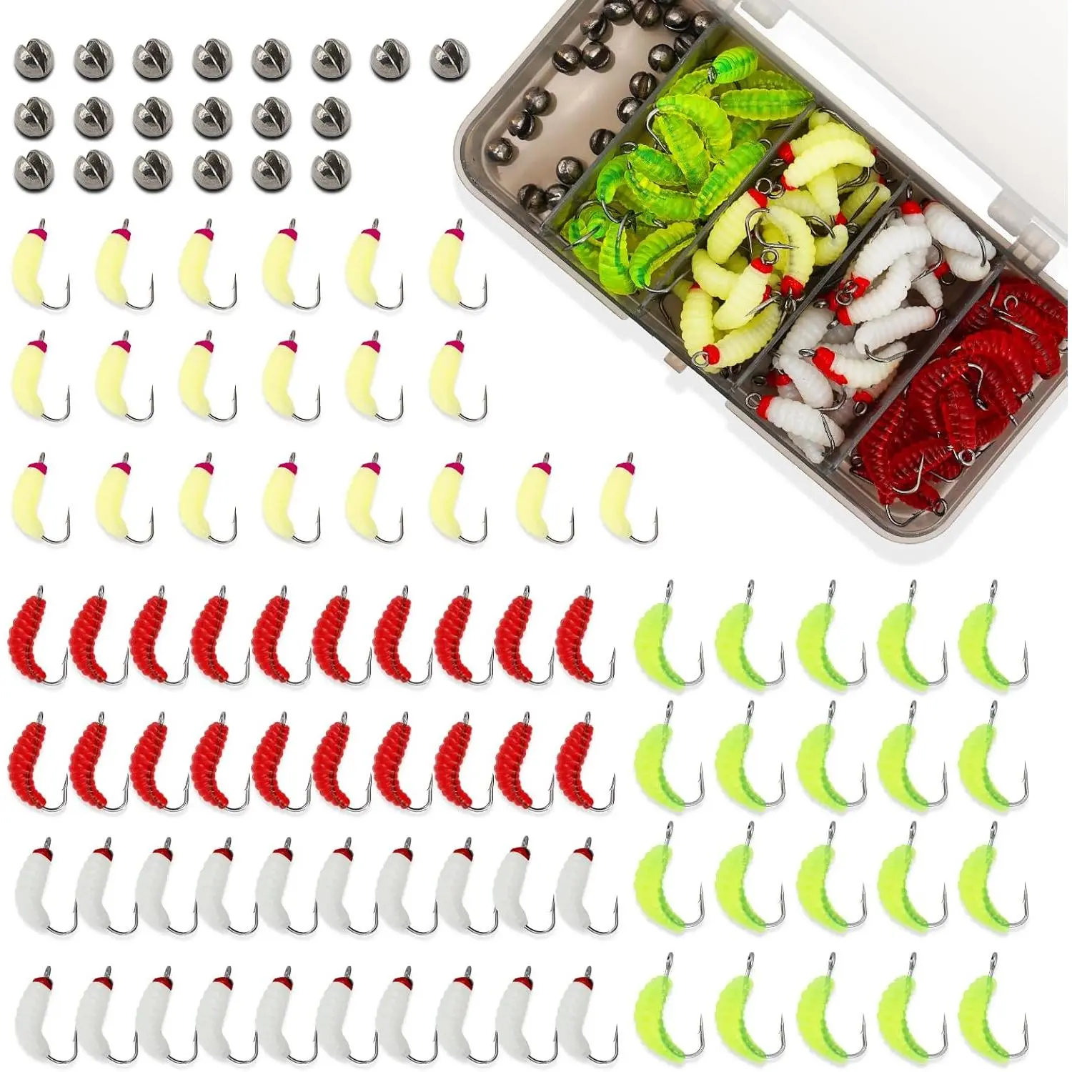 100 count Soft  Fishing Lures with Hooks, Biomimetic Maggot & Earthworm Dual-Form , Lifelike Artificial Worm Lure for Freshwater/Saltwater Bass Trout Fishing