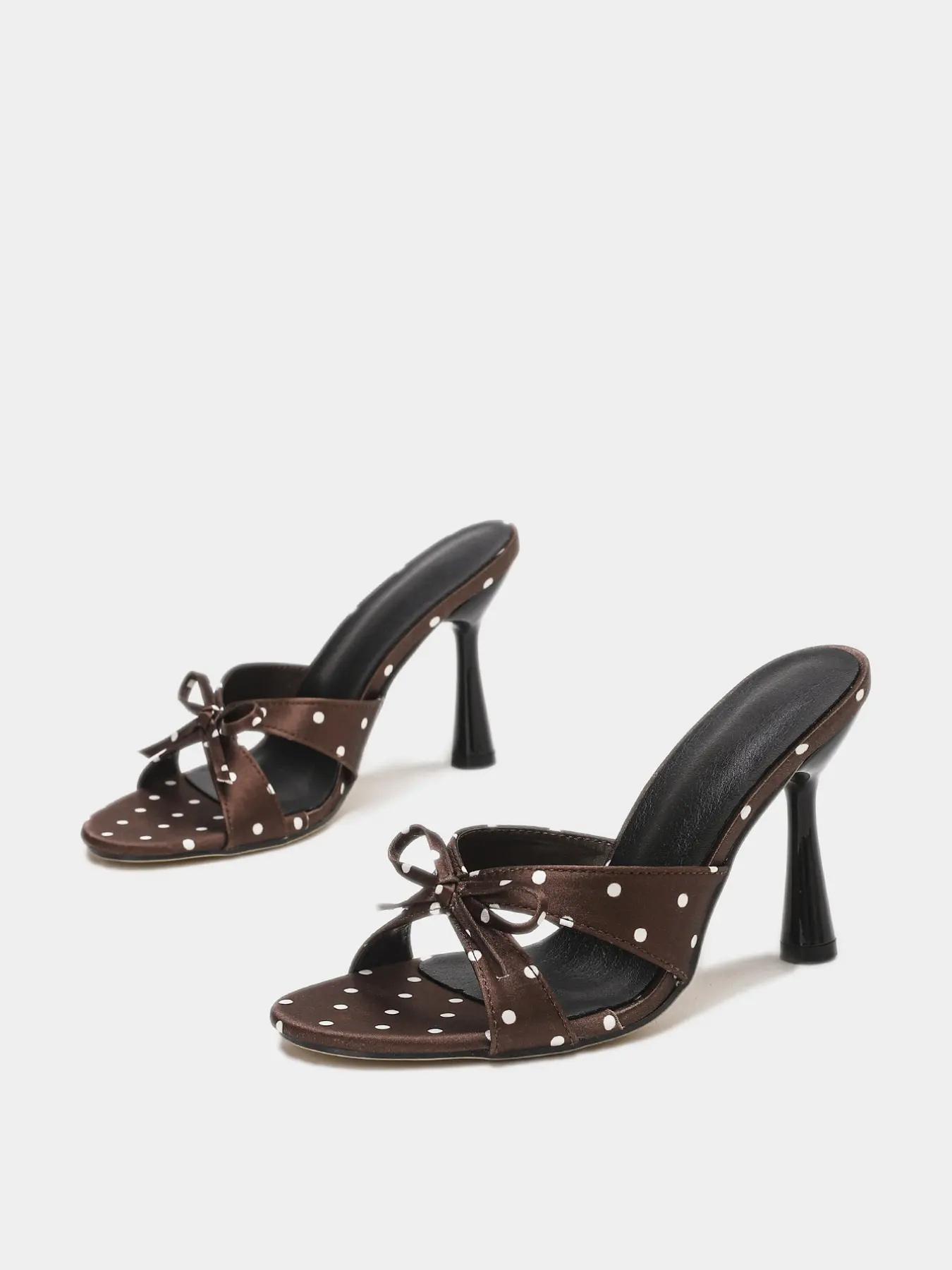 Women's Polka Dot Open-Toe Mules, Satin Finish High Heels, Bow Tie Strap Decor, Perfect for Parties and Dates, Elegant Formal Shoes