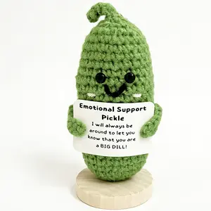 Cute Handmade Emotional Support Pickle Crochet Doll Funny Knitted Cucumber Desk Decor with Wooden Base Encouraging Card Unique Birthday Gift for Friends Coworkers Stress Relief Aesthetic Crochet Figure Keychain Set