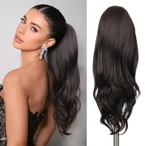 Dark Brown Ponytail Extension for Women Long Wavy Layered Drawstring Ponytail Extension Synthetic Stand Up High Pony Tails Hair Extensions for Christmas Daily Use