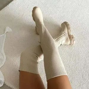 Fashionable Women's Knitted Over The Knee Platform Boots for Autumn 2022 - Beige Color, Comfortable & Stylish Design