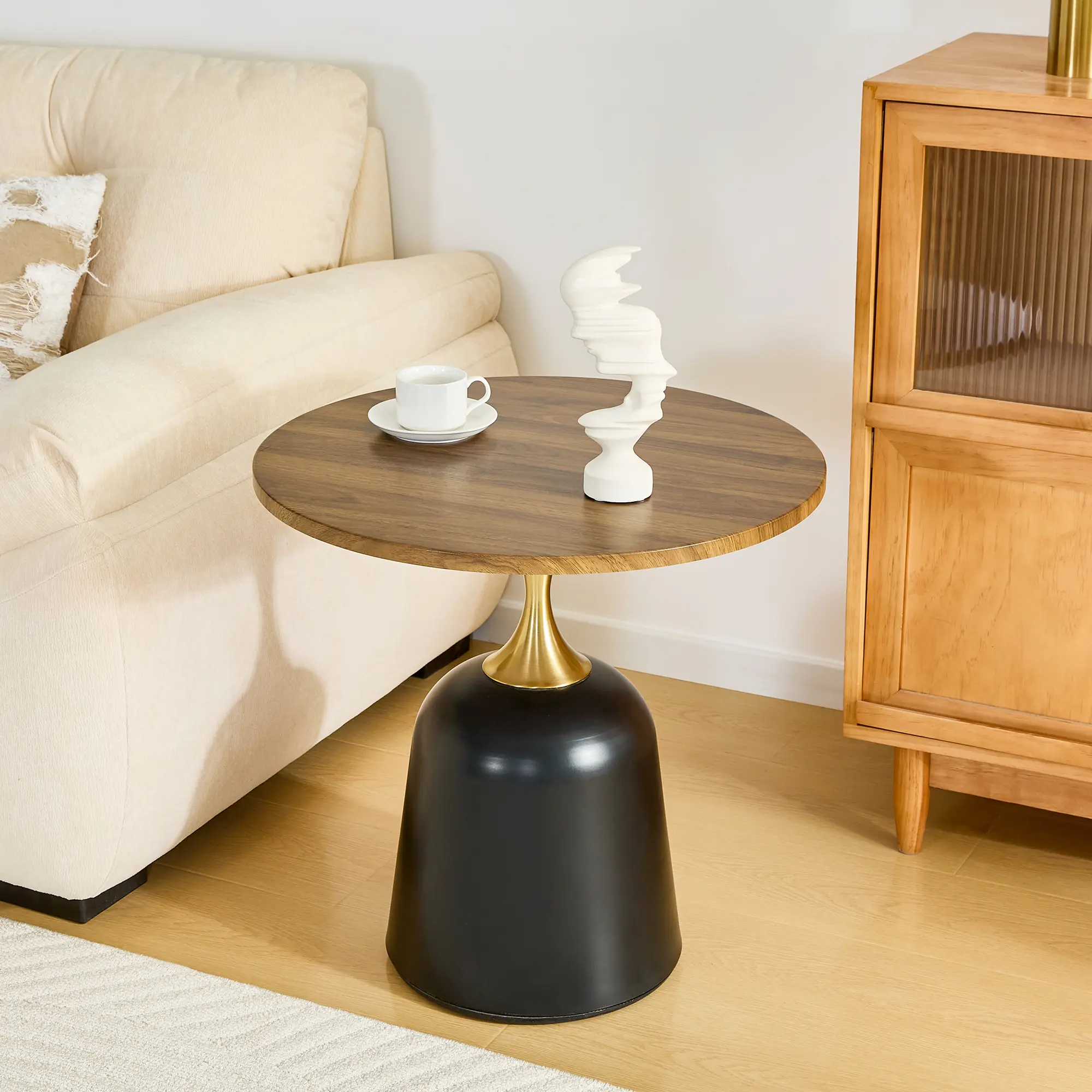 23.6 inch circular side table coffee table, metal base living room table, simple and modern walnut wood grain decoration, negotiation table, unique circular sofa headboard office desk.
