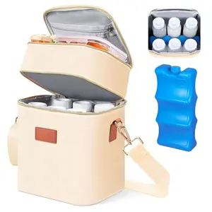 Breastmilk Cooler Bag with Ice Pack Fits 6 Baby Bottles Up to 9 Ounce, Insulated Baby Bottle Tote Bags, Double Layer Waterproof Leak-Proof with Shoulder Strap for Nursing & Working Mom (Cream)