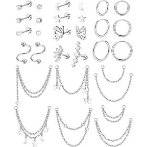 20G Cartilage Earrings Set For Women Men Stainless Steel Small Huggie Hoop Earring Flatback  Moon Butterfly CZ Cartilage Stud Earrings Chain Dangle Cartilage Helix Tragus