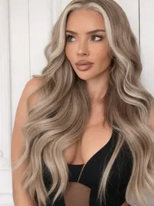 28 Inch Ombre Beige Blonde to Platinum Long Wavy Lace Front Wig, Pre-Plucked Skunk Stripe Highlights, White Gold & Ash Brown Mix, 13x4 HD Transparent Glueless Lace Front Wig for Women, Lace Frontal Wig