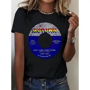 100% Women's T-Shirt with Motown Record Print - Casual Round Neck Short Sleeve Tee, White Graphic Design, Perfect for Outdoor Activities & Holiday Gifts