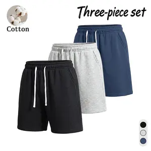 Men’s 100% cotton drawstring casual shorts, 3-pack; breathable summer athletic mid-length shorts; versatile street style for running, fitness, commuting, and multiple occasions.